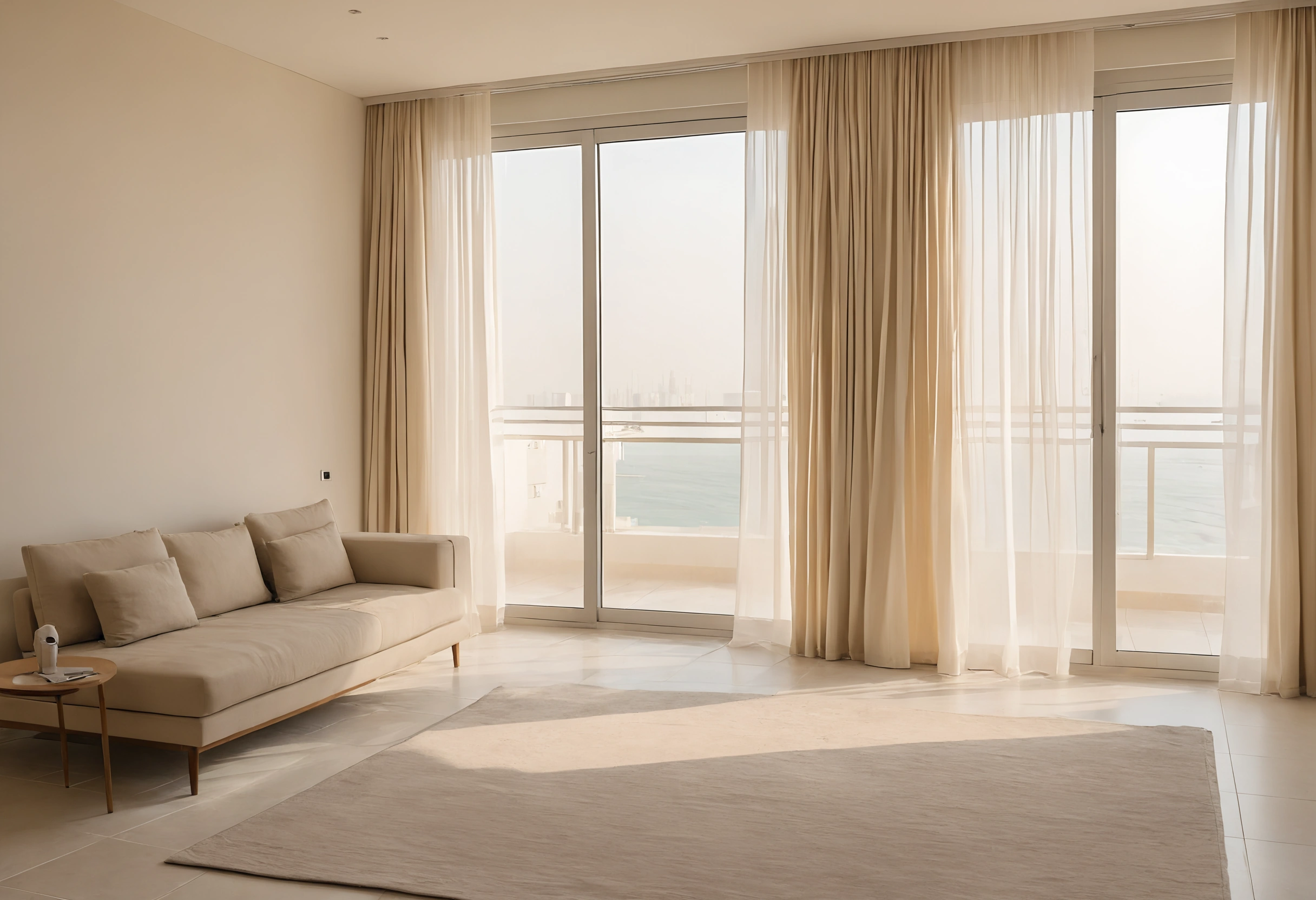 Renovated living room of a Dubai apartment with sheer curtains, a sofa and a rug, sliding doors open onto a balcony above the sea