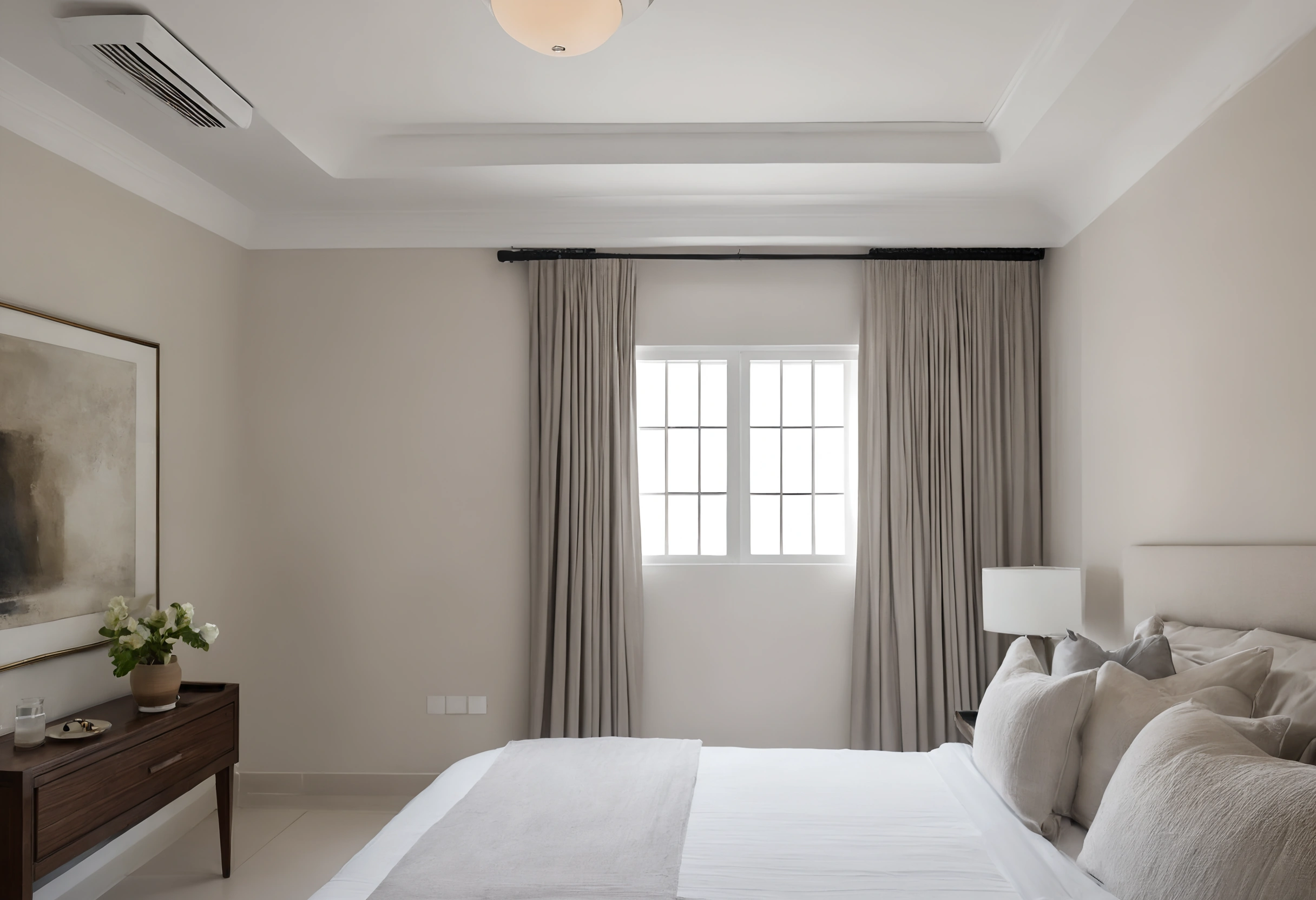 Renovated villa bedroom with a ceiling air-conditioning grille, a stepped white cornice and grey curtains beside the window