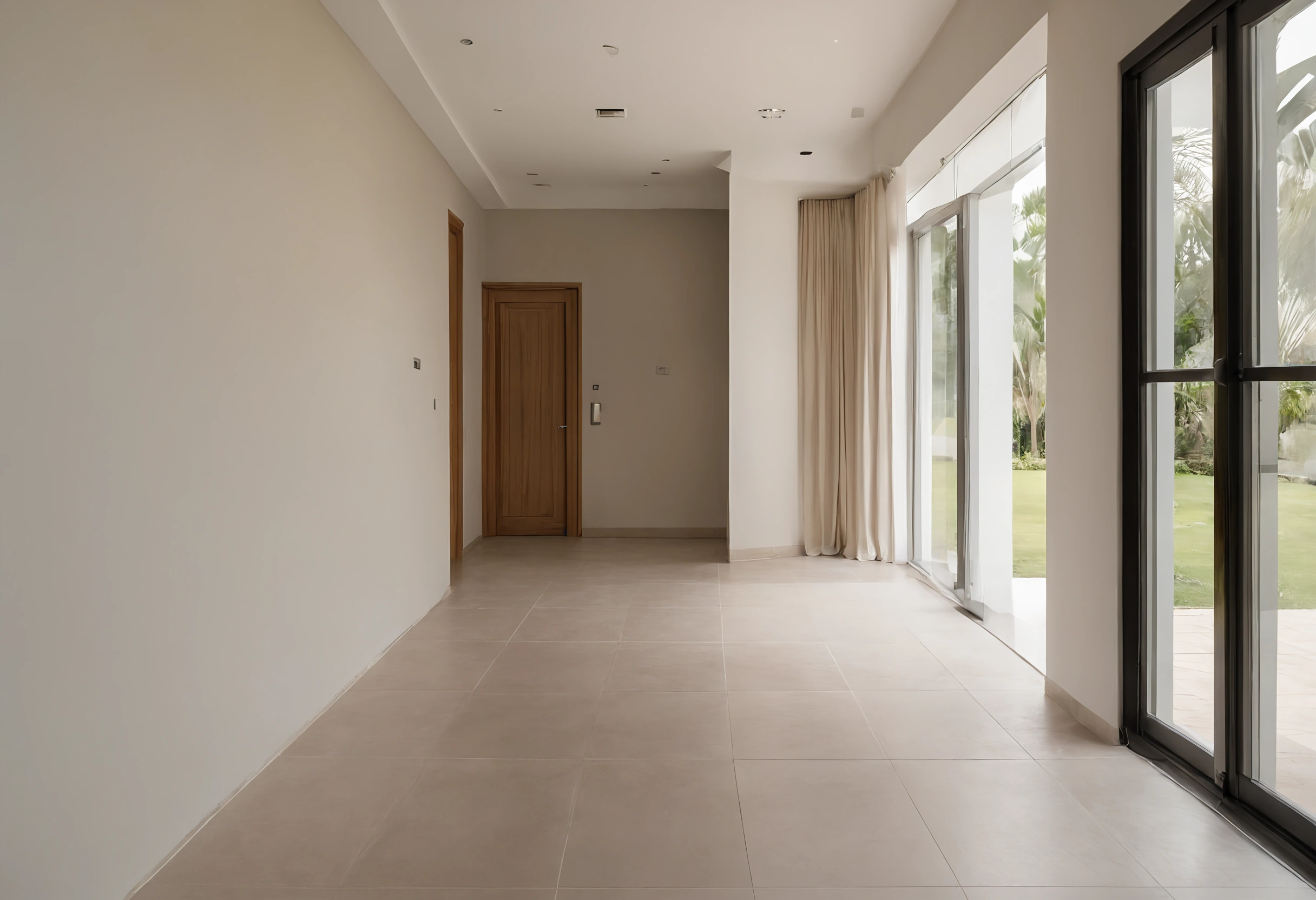 Renovated villa hallway with large porcelain floor tiles, side light falling across the floor from tall glass doors to the garden