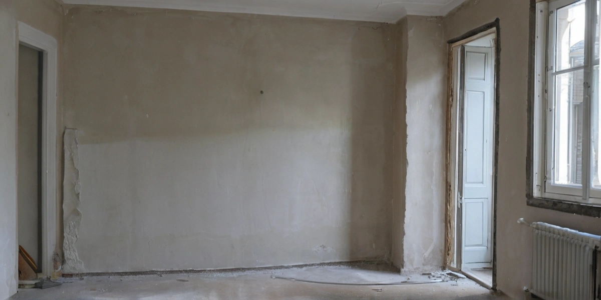 Section drawing of a plastered wall checked with a straight edge next to a tile setting out grid and a floor build up of slab, membrane, insulation, screed and tile
