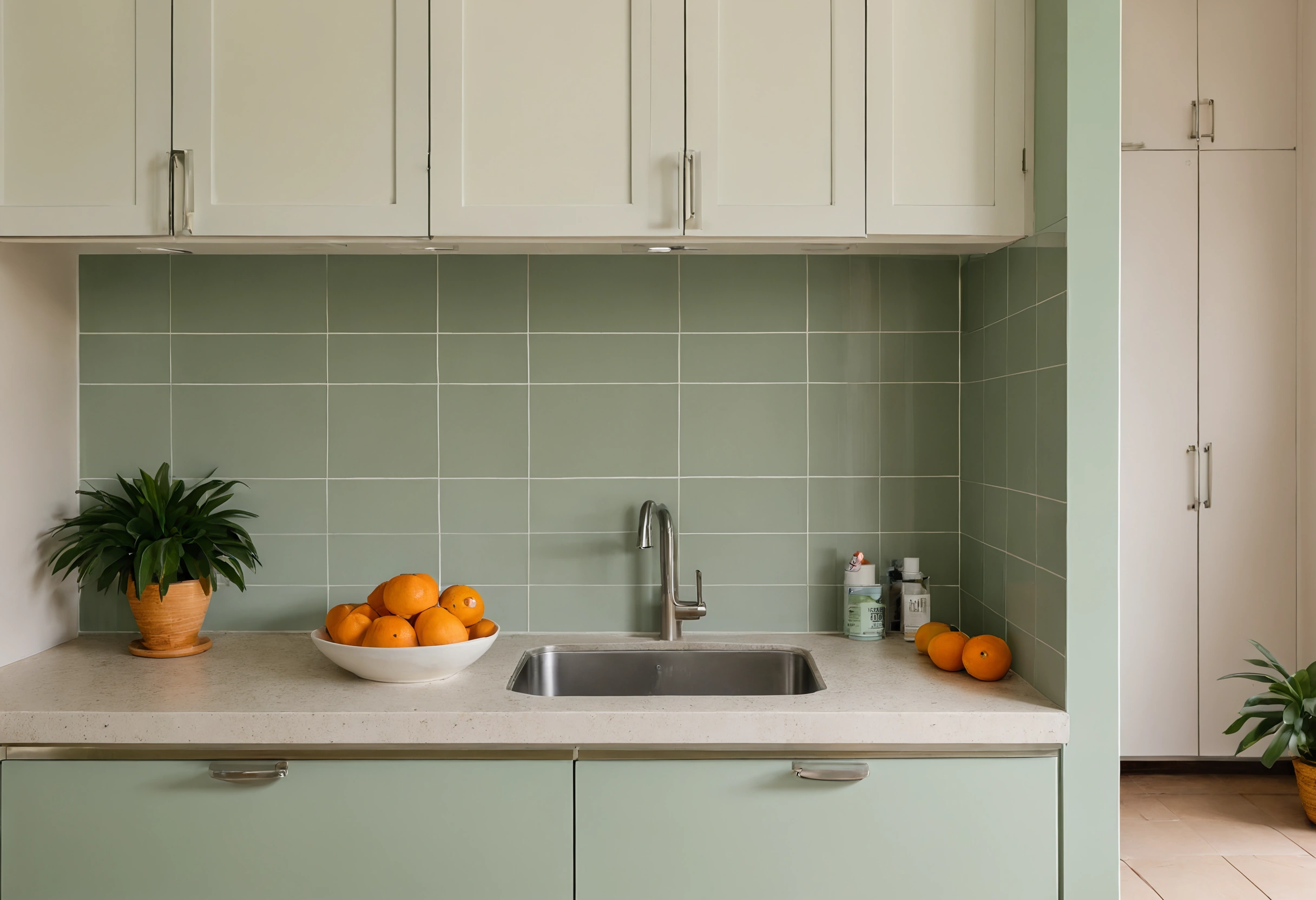 Renovated kitchen with sage green cabinet doors, a pale stone worktop, a sink and a bowl of oranges