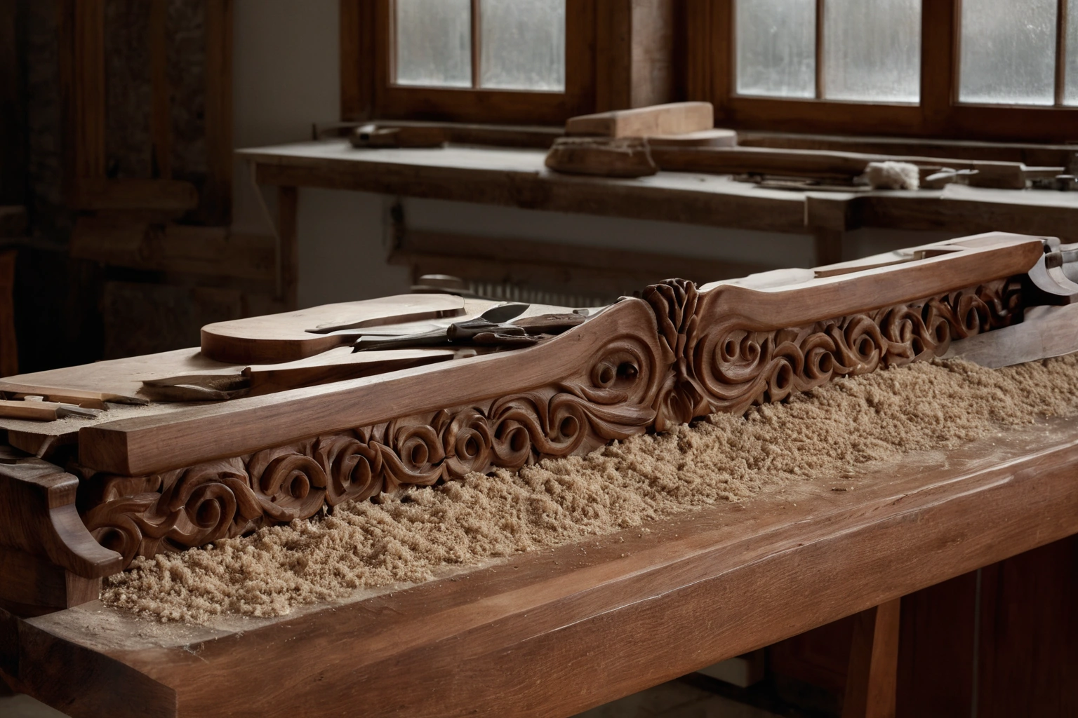 Carver bench with a carved frame, chisels and curled walnut shavings