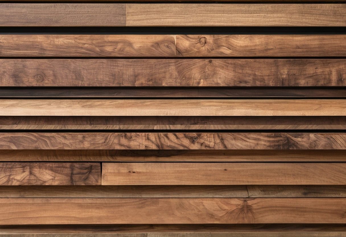 Stacked walnut boards with end grain marks in a furniture workshop