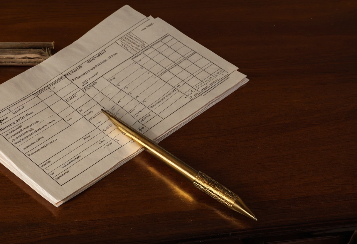 photorealistic still life of a paper cost ledger without readable text, a pencil, wood samples and a brass